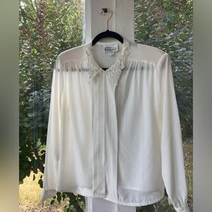 vintage 80’s Petite Impressions of California sheer white blouse w/ lace collar